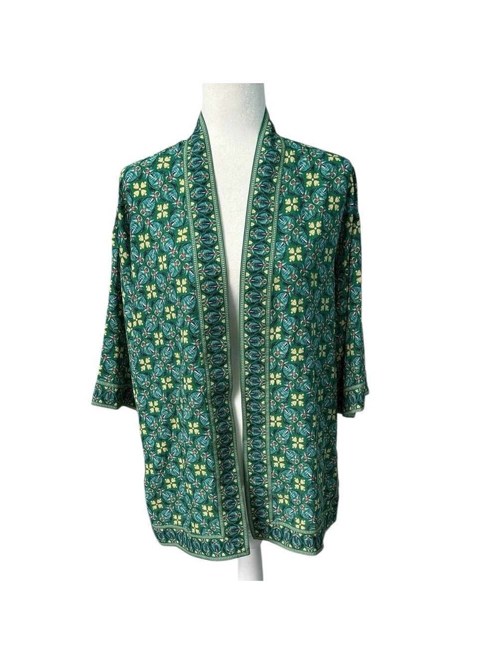 Max Studio Floral Green Kimono Duster Open Front Size XS Fits Larger NWT Artsy